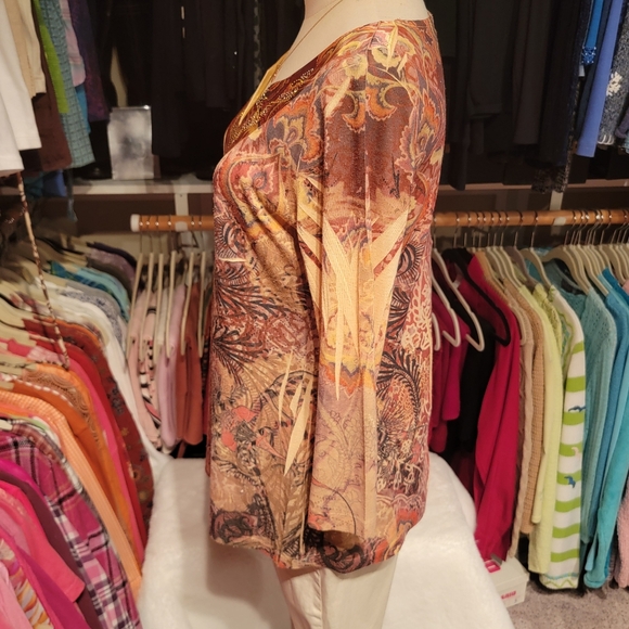 ONEWORLD ♡ Gorgeous Orange|Redish|Black|Tan Graphic Embellished Babydoll Top PL - Picture 14 of 17